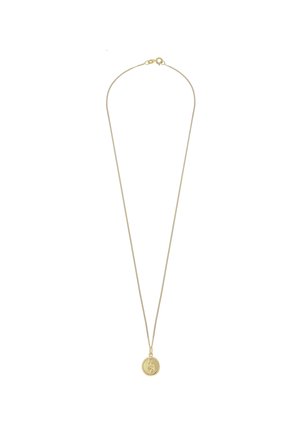 Goldene Halskette mit einer zarten Kette und einem runden Anhänger mit einem erhabenen Design. Die Kette ist dünn und gleichmäßig strukturiert.