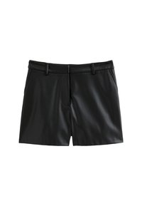 Zwarte leren shorts met een gladde textuur, een getailleerde pasvorm, riemlussen en twee voorzakken, met een subtiele glans.