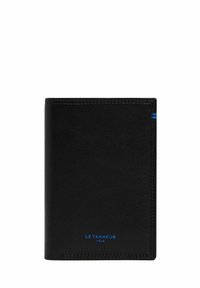 Schwarze Lederbrieftasche mit glatter Textur, blauer Logo und Akzenten. Verfügt über ein schlankes Profil und genähte Kanten für Langlebigkeit.