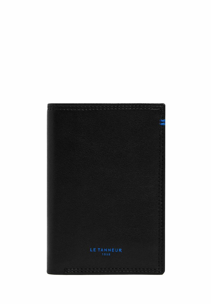 Schwarze Lederbrieftasche mit glatter Textur, blauer Logo und Akzenten. Verfügt über ein schlankes Profil und genähte Kanten für Langlebigkeit.