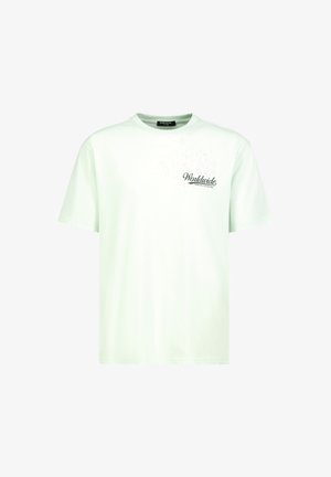 Weißes T-Shirt mit kurzen Ärmeln, bedruckt mit dem Schriftzug "Worldwide Sublevel Collection" auf der Brust und rundem Halsausschnitt.