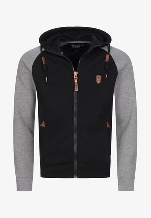 Black and gray zip-up hoodie with a hood, knitted texture, leather accents, and triangle details on the pockets and sleeves.