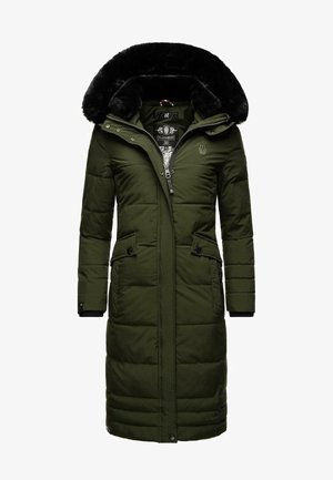 Olivgrüne Daunenjacke mit schwarzem Kunstpelz-Kapuze. Mit Reißverschluss, zwei Vorderpockets und gestepptem Design. Verstellbare Manschetten vorhanden.