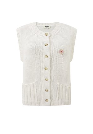 Mouwloze witte gebreide spencer met zeven knopen aan de voorkant, twee voorzakken, ribgebreide zoom en ronde hals, voorzien van een kleine ronde patch op de borst.