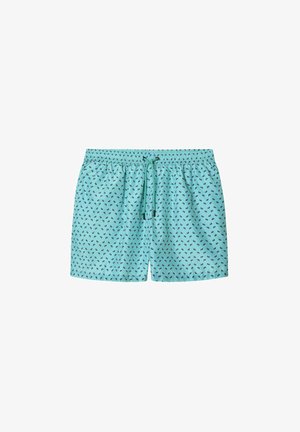 Vaaleansiniset uimaportsarit, jotka on valmistettu sileästä kankaasta. Niissä on naru vyötäröllä ja pieniä tummansinisiä kuvioita kauttaaltaan.