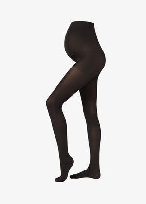 Schwarze Schwangerschaftsstrumpfhosen mit hohem Bund, transparenter Optik, glatter Textur und figurbetontem Design, geeignet für Komfort und Unterstützung.