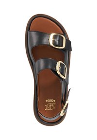 Black leather sandal with two adjustable straps and gold buckles. Brown cushioned insole and a rounded sole. Minimalist design.