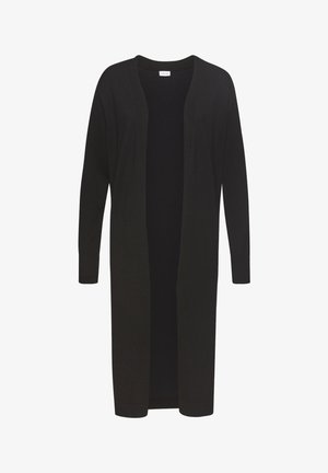 Zwarte lange cardigan met open voorkant, geribbelde manchetten en een gladde textuur. Gemaakt van een zacht breimateriaal, geschikt voor het laagjes dragen in verschillende stijlen.