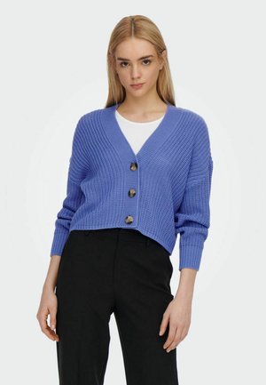 Cardigan en tricot bleu avec un col en V, quatre grands boutons sur le devant et des manches longues. Présente une texture côtelée et un design court.