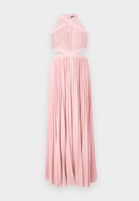 Robe maxi plissée rose avec un décolleté halter, taille découpée et jupe fluide. Fabriquée en tissu léger avec des plissés verticaux.