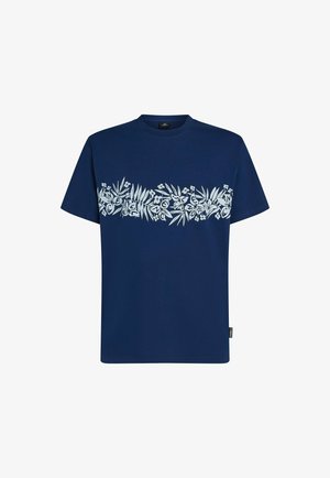 Maglietta blu navy in cotone, con motivo floreale bianco sul petto. Maniche corte e scollo rotondo.