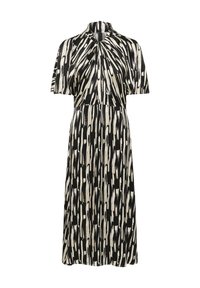 Black and white patterned dress with a high neck, short sleeves, and a flared skirt. Made from a soft, flowing fabric with a smooth texture.