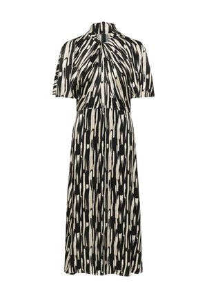 Robe à motifs noir et blanc avec un col montant, des manches courtes et une jupe évasée. Conçue en tissu doux et fluide avec une texture lisse.