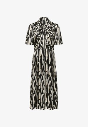 Black and white patterned dress with a high neck, short sleeves, and a flared skirt. Made from a soft, flowing fabric with a smooth texture.