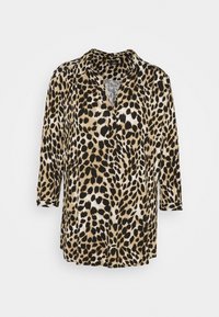 Blůza s leopardím potiskem, s límečkem, třičtvrtinovými rukávy a volným střihem. Materiál má hladkou, lesklou texturu.