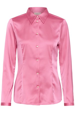 Blusa de satén rosa de manga larga con cuello puntiagudo y botones de perla en el frente, corte entallado, tejido liso y brillante.