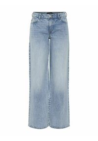 Light blue wide-leg denim jeans with a high waist, five pockets, and subtle fading. Features belt loops and a zip fly closure.