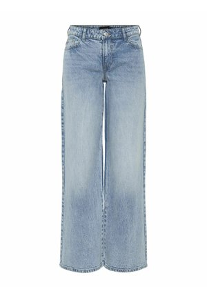 Lichtblauwe wijdvallende denim jeans met een hoge taille, vijf zakken en subtiele vervaging. Bevat riemlussen en een rits sluiting.