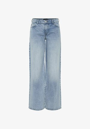 Jeans en denim bleu clair à jambes larges avec taille haute, cinq poches et décoloration subtile. Comprend des passants de ceinture et une fermeture éclair.