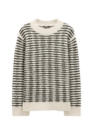 Kremowy i czarny puszysty sweter z dzianiny z poziomymi paskami, prążkowany dekolt okrągły, mankiety i dół.