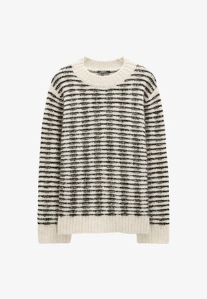 Kremowy i czarny puszysty sweter z dzianiny z poziomymi paskami, prążkowany dekolt okrągły, mankiety i dół.