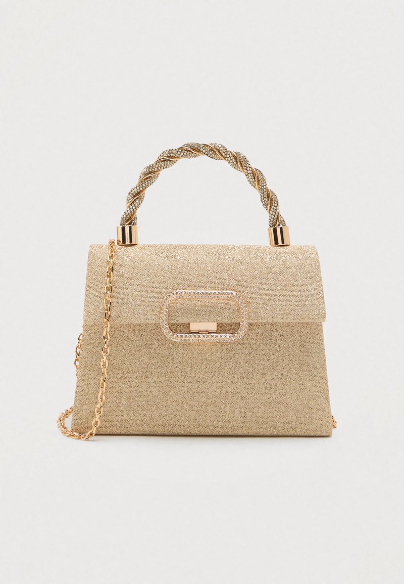 Zlatá trblietavá kabelka so štruktúrovaným tvarom, pletenou rukoväťou a retiazkou. Obsahuje sponu zdobenú kamienkami a hladký povrch.
