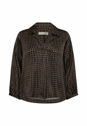 Zwarte blouse met een geometrisch patroon in beige. Heeft een kraag, lange mouwen en een ontspannen pasvorm. Zachte, gladde textuur.