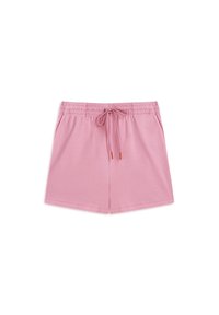 Shorts de algodón rosa con cinturilla elástica, cordón ajustable y bolsillos laterales. Diseño recto, textura suave y sin patrones.