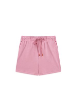 Rosa Baumwollshorts mit einem elastischen Bund, verstellbarem Kordelzug und Seitentaschen. Gerade geschnittenes Design, weicher Stoff und ohne Muster.