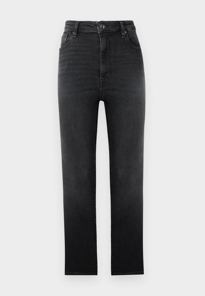 Jean noir taille haute avec une coupe droite, fabriqué en denim. Équipé d'une fermeture à bouton à l'avant et d'un style classique à cinq poches.