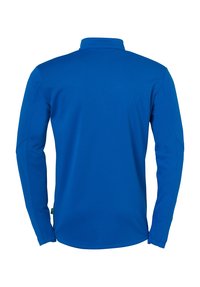 Maglietta a maniche lunghe blu realizzata in materiale liscio e elasticizzato. Presenta un colletto alto e dettagli cuciti lungo le cuciture.