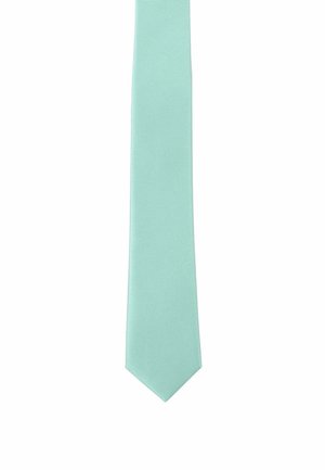 Mint green tie with a smooth texture and subtle ribbed pattern, featuring a pointed tip and a classic narrow design.