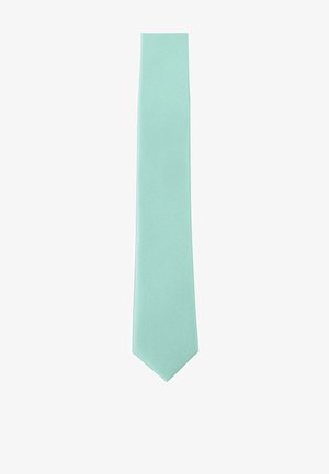Mint green tie with a smooth texture and subtle ribbed pattern, featuring a pointed tip and a classic narrow design.