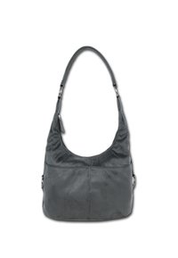 Graue Leder-Schultertasche mit einer geschwungenen Form, einem einzigen Tragegurt und einer Fronttasche. Glatte Textur mit dezenten Nähdetails.