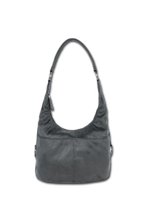 Grey leather shoulder bag with a curved shape, a single strap, and a front pocket. Smooth texture with subtle stitching details.