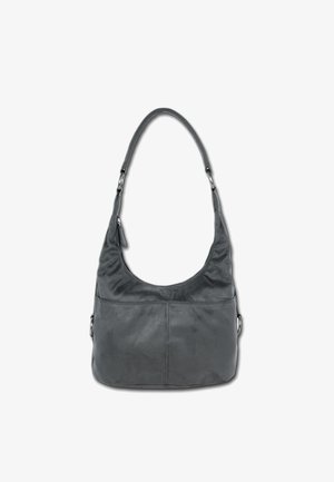 Grey leather shoulder bag with a curved shape, a single strap, and a front pocket. Smooth texture with subtle stitching details.