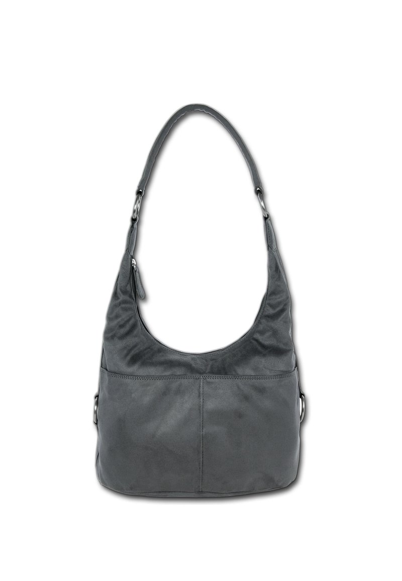 Graue Leder-Schultertasche mit einer geschwungenen Form, einem einzigen Tragegurt und einer Fronttasche. Glatte Textur mit dezenten Nähdetails.