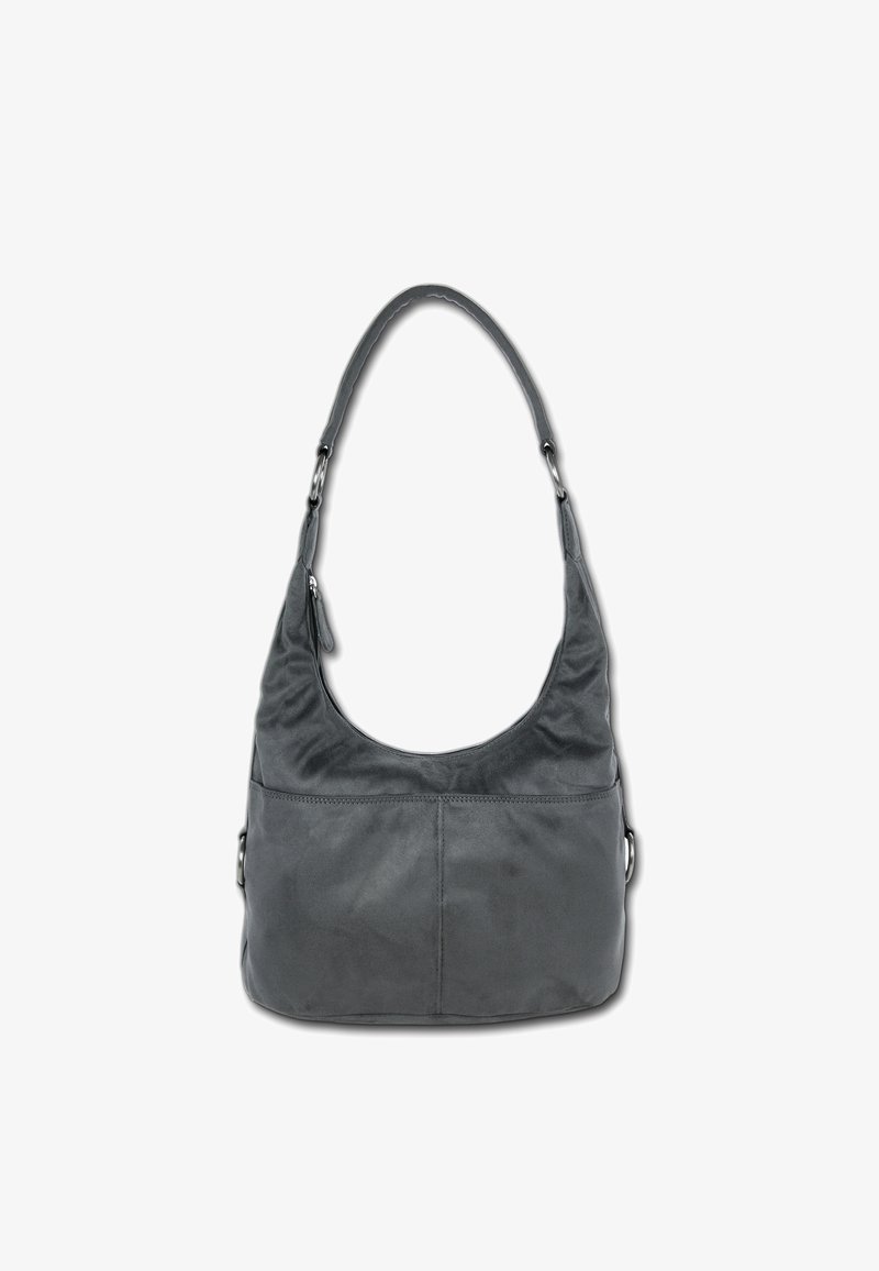 Graue Leder-Schultertasche mit einer geschwungenen Form, einem einzigen Tragegurt und einer Fronttasche. Glatte Textur mit dezenten Nähdetails.