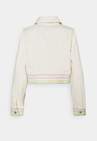 Cream-colored cropped jacket with a collar, featuring multicolored striped accents at the hem and cuffs. Made from denim.