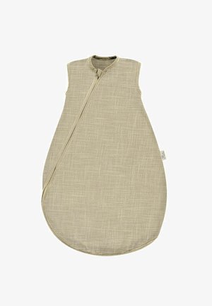 Beige sleeping bag with a textured fabric, sleeveless design, rounded shape, and side zipper closure. Lightweight and soft material.