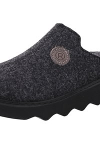 Gray felt slipper with rounded shape, textured upper, and a black rubber sole. Features a brown logo patch stitched on the side.