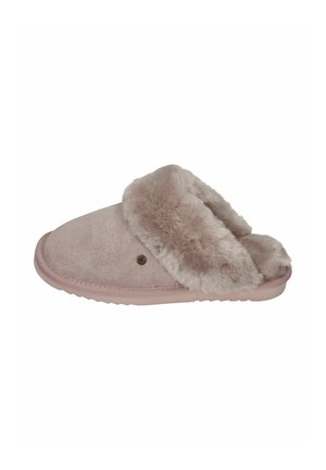 Pink suede slipper with a soft, plush faux fur lining. Open-back design, round toe, and textured sole. Round logo detail on side.