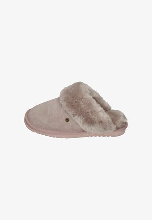 Pink suede slipper with a soft, plush faux fur lining. Open-back design, round toe, and textured sole. Round logo detail on side.