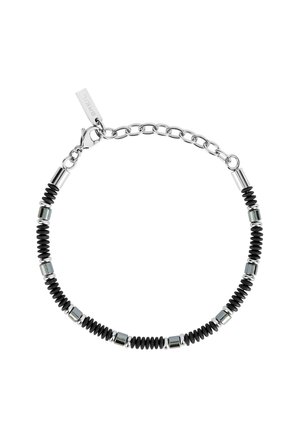 Czarny gumowy i srebrny metalowy bransoletka z okrągłymi koralikami, przeplatana polerowanymi metalowymi akcentami, na łańcuszku z zapięciem.