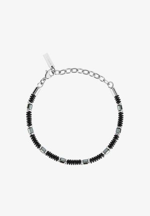 Schwarzes Gummi- und silbernes Metallarmband mit runden Perlen, unterbrochen von polierten Metallelementen auf einer Kette mit Verschluss.