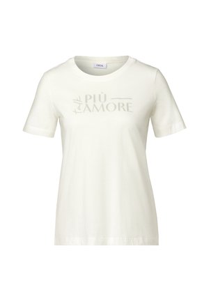 T-shirt en coton blanc avec des manches courtes, un col rond et un texte imprimé "talk PIÙ AMORE" en gris sur la poitrine.