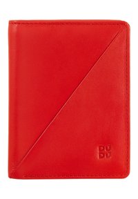 Portafoglio in pelle rossa con un design geometrico, caratterizzato da una consistenza liscia e un logo impresso nell'angolo in basso. Chiusura a pieghevole.