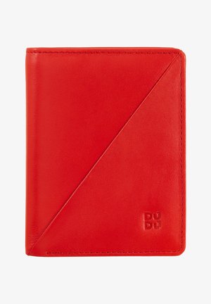 Red leather wallet with a geometric design, featuring a smooth texture and a embossed logo in the bottom corner. Folding closure.