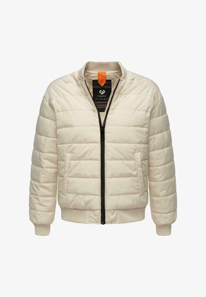 Giacca bomber imbottita color crema con zip nera, polsini e orlo a coste, e tasche laterali. Presenta un'etichetta a contrasto all'interno del colletto.