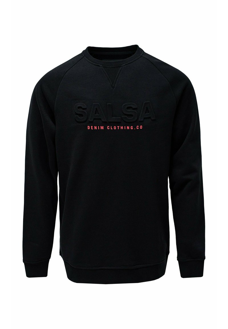 Sudadera negra con cuello redondo, puños acanalados y dobladillo. Presenta un logo en relieve "SALSA" y el texto "DENIM CLOTHING.CO" en rojo en el frente.